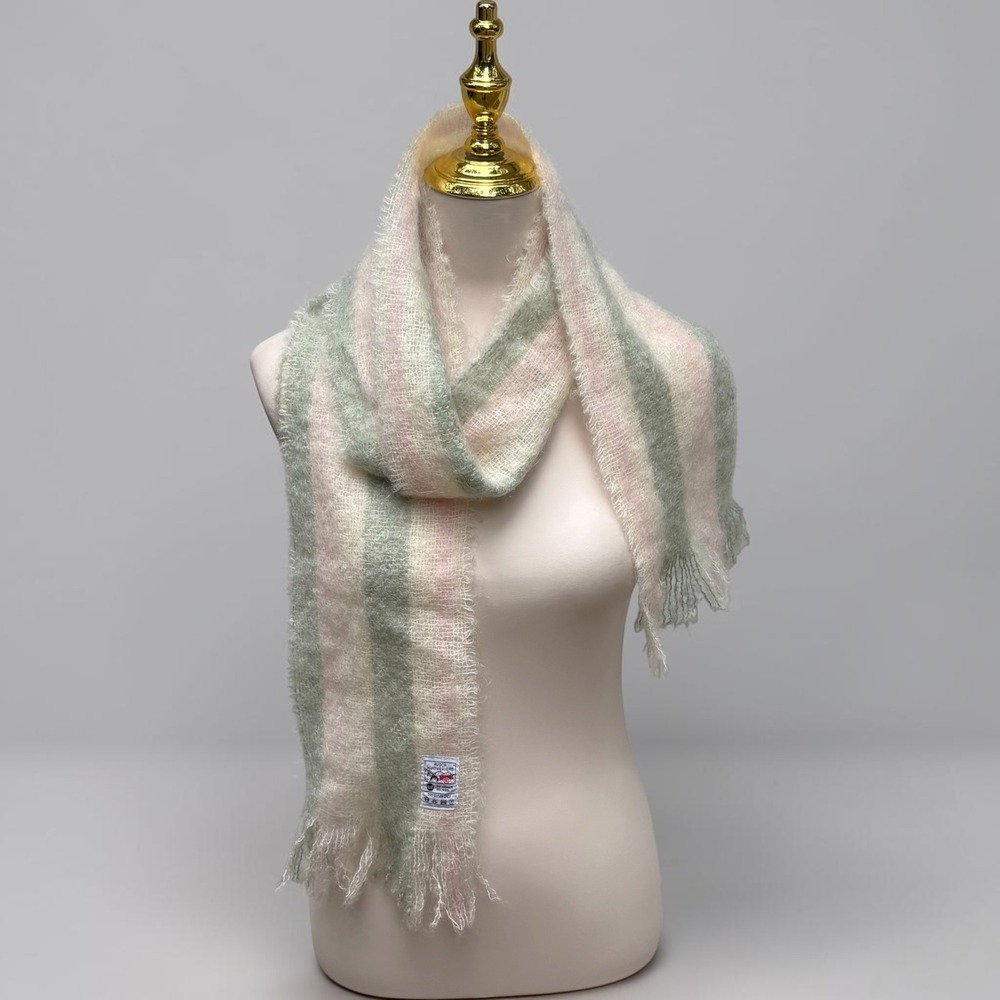 Avoca Handweavers Scarf Green Pink Mohair Wool Striped Fringed Irish 64" x 6.5"